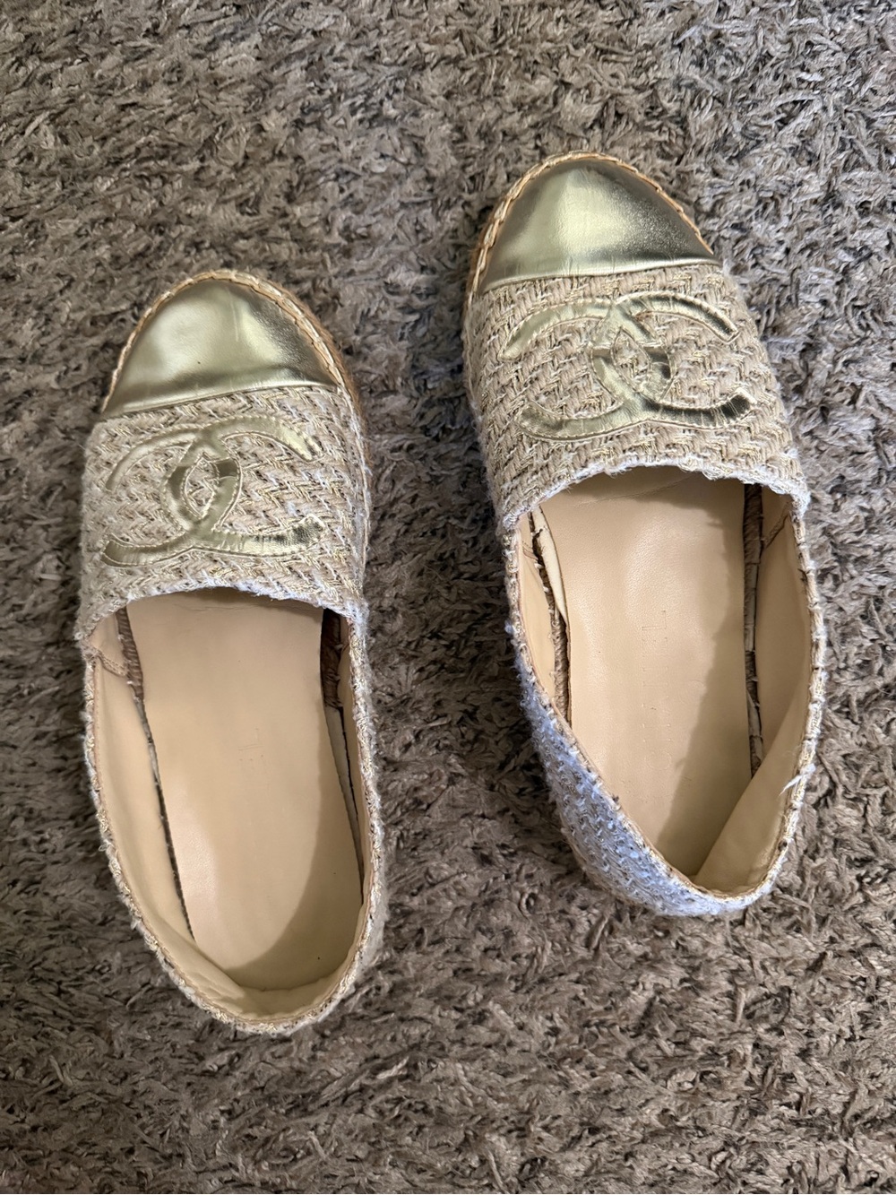 CHANEL Metallic Gold and Beige Tweed Espadrille Flats